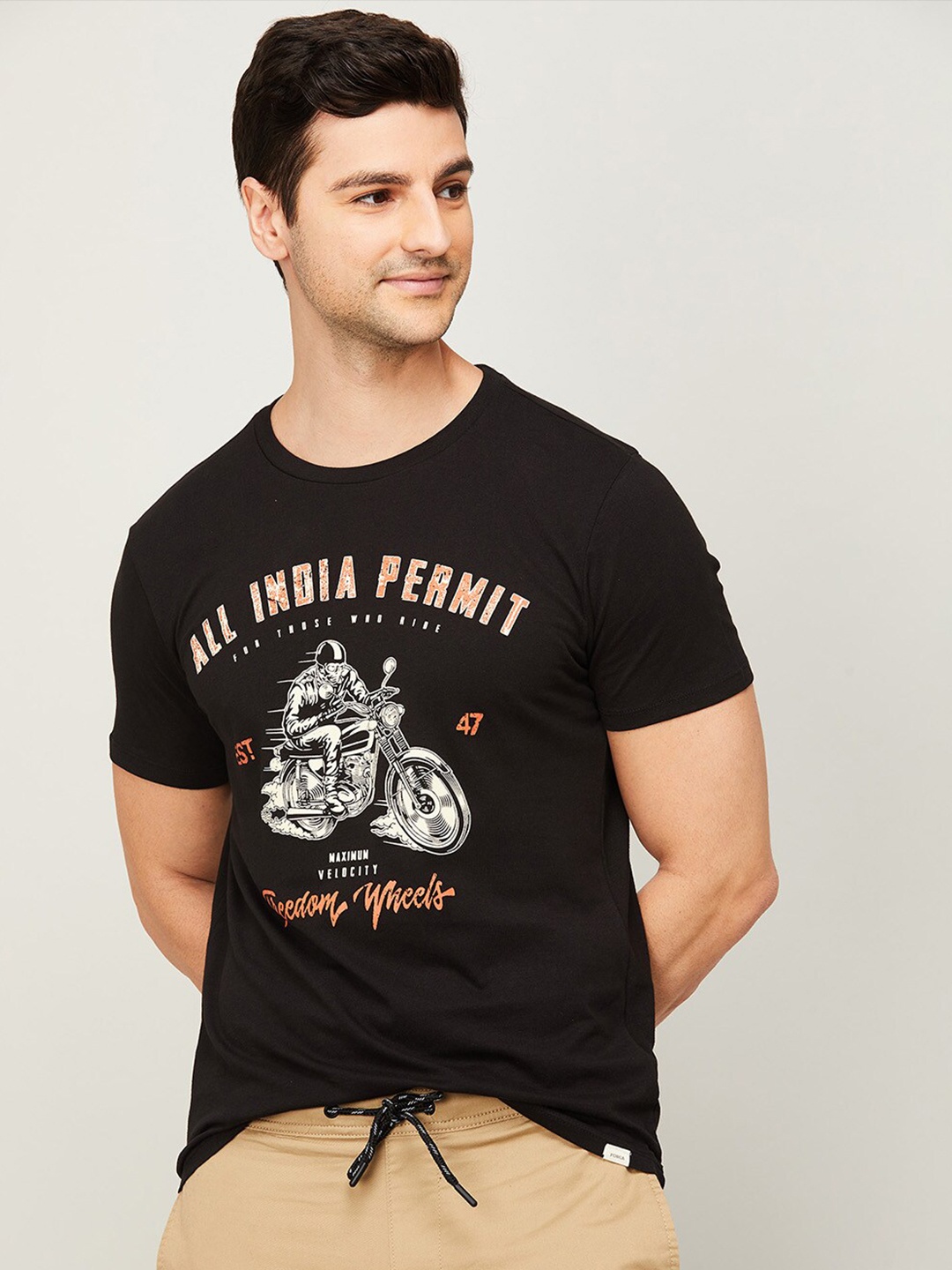 

Forca by Lifestyle Men Black Biker Graphic Printed Slim Fit Cotton T-shirt