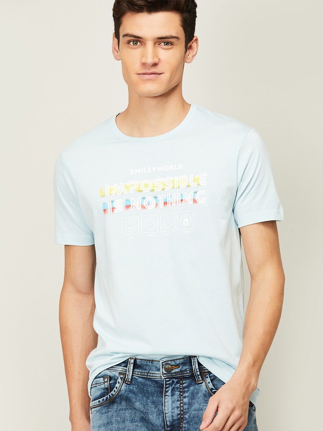 

SmileyWorld Men Blue Typography Printed Slim Fit Cotton T-shirt
