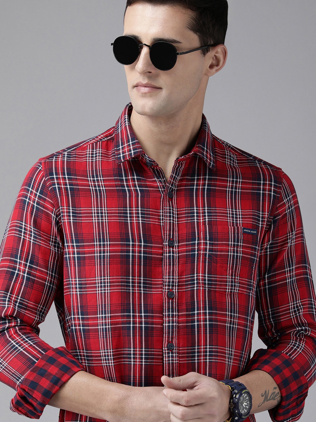 

Arrow Sport Men Red Slim Fit Tartan Checked Pure Cotton Casual Shirt