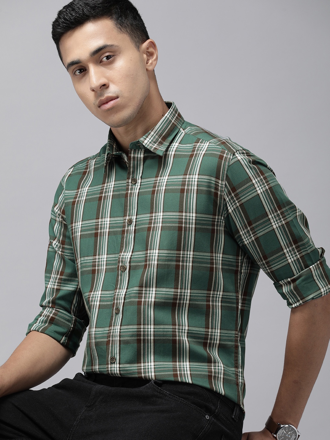 

Arrow Sport Men Pure Cotton Manhattan Slim Fit Tartan Checks Casual Shirt, Teal