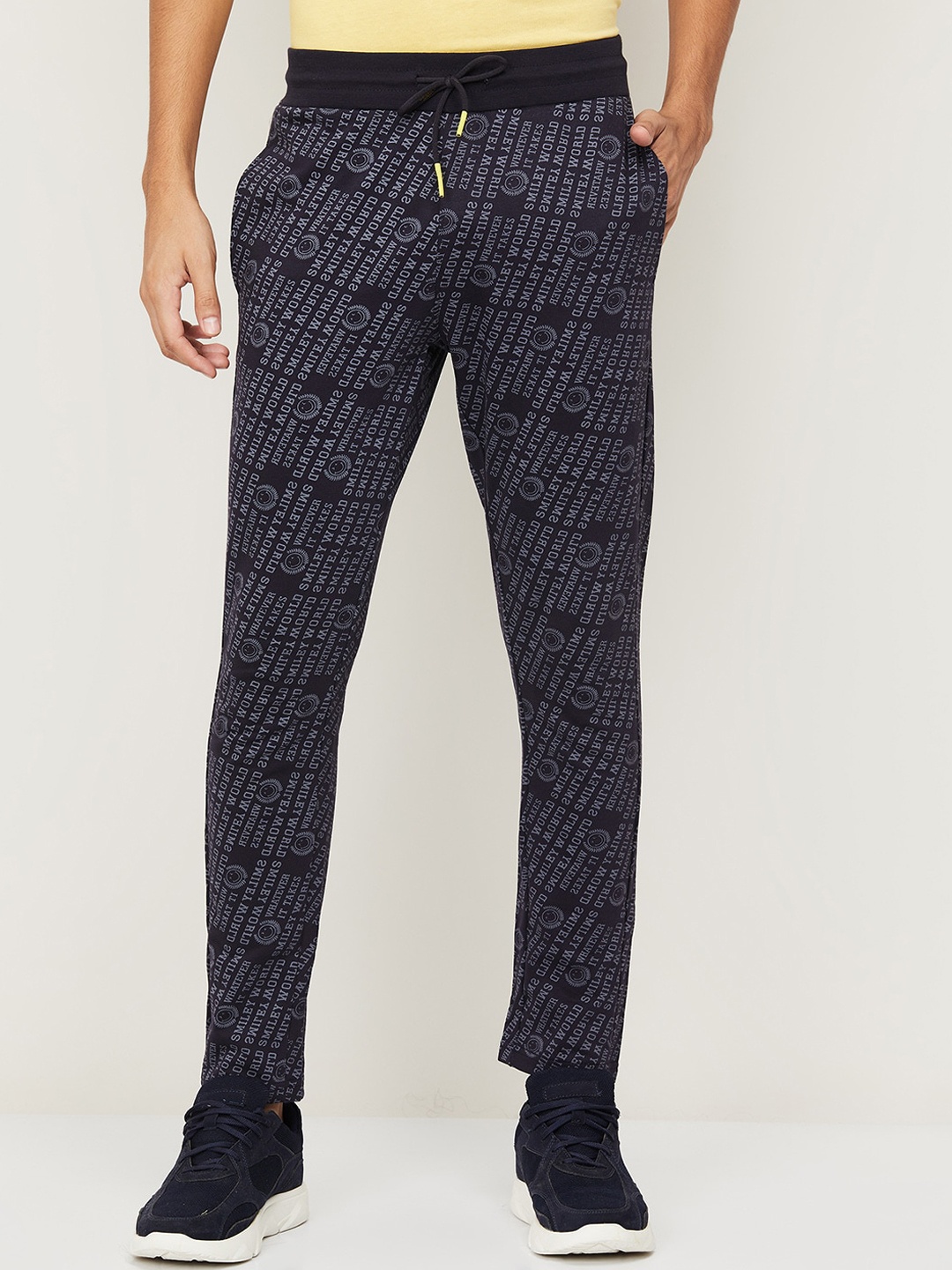 

SmileyWorld Men Navy Blue Printed Slim-Fit Cotton Track Pants