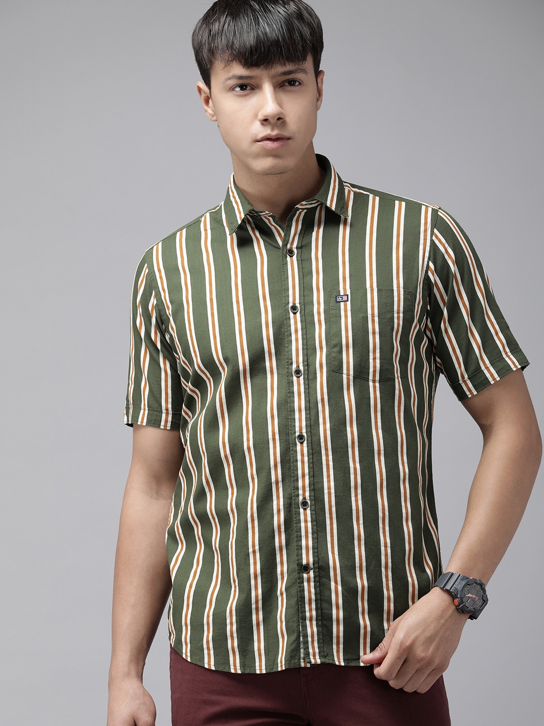 

Arrow Sport Men Striped Pure Cotton Casual Shirt, Olive
