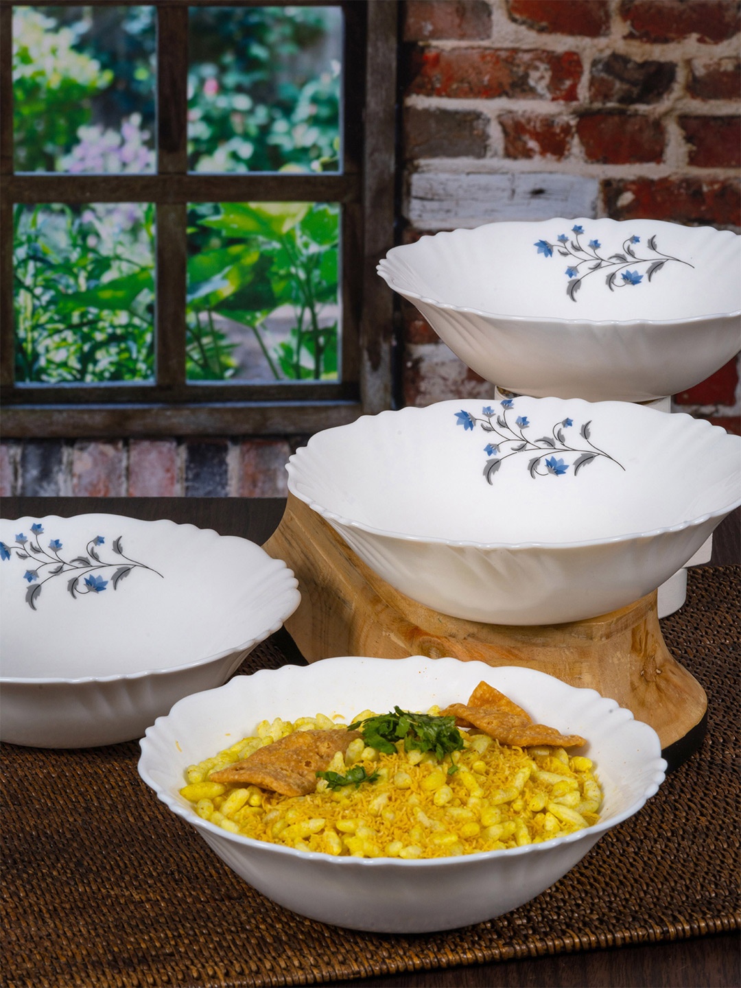 

Cello White & Blue Set of 6 White Floral Printed Opalware Glossy Bowls