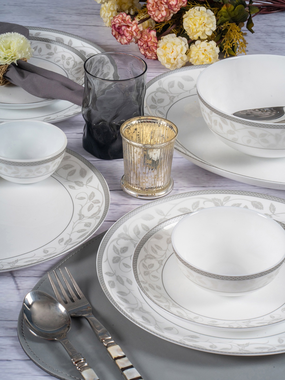 

Cello Set Of 27 White & Grey Floral Printed Opalware Glossy Dinner Set