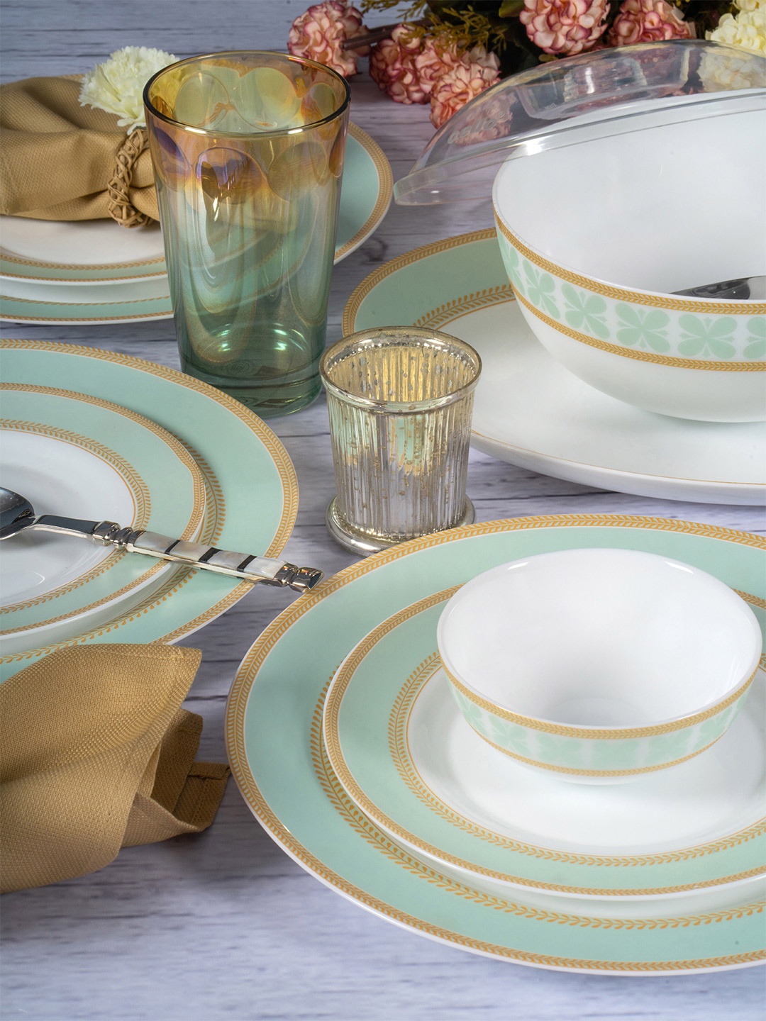 

Cello White & Sea Green 29 Pieces Printed Opalware Glossy Dinner Set