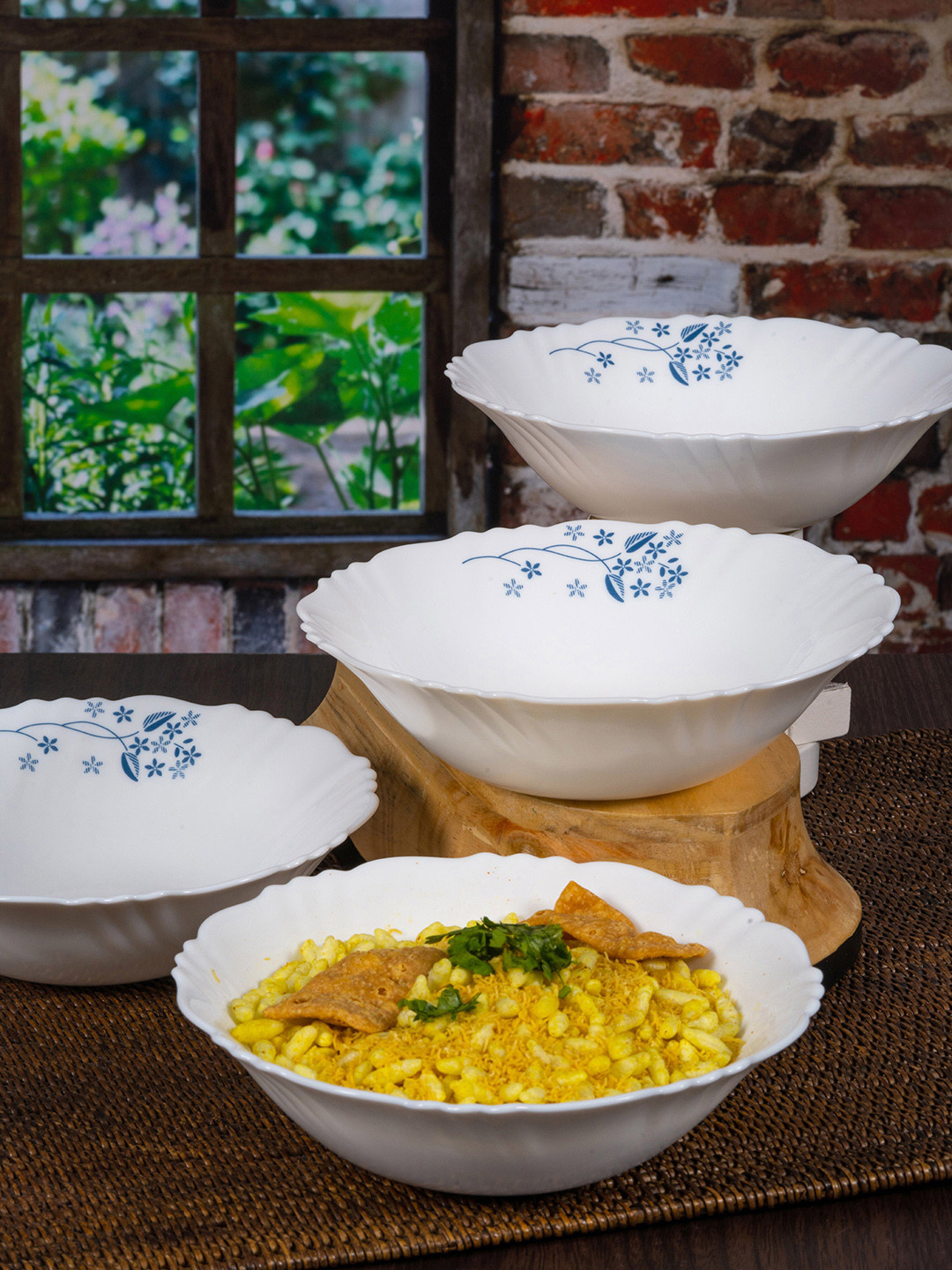 

Cello White & Blue 4 Pieces Floral Printed Opalware Glossy Bowls