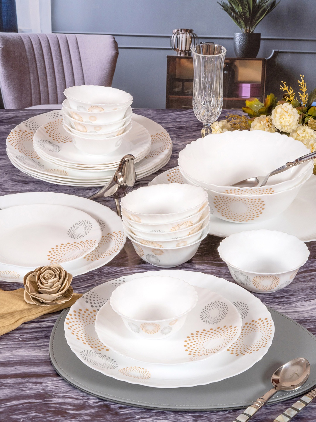 

Cello White & Grey 33 Pieces Floral Printed Opalware Glossy Dinner Set