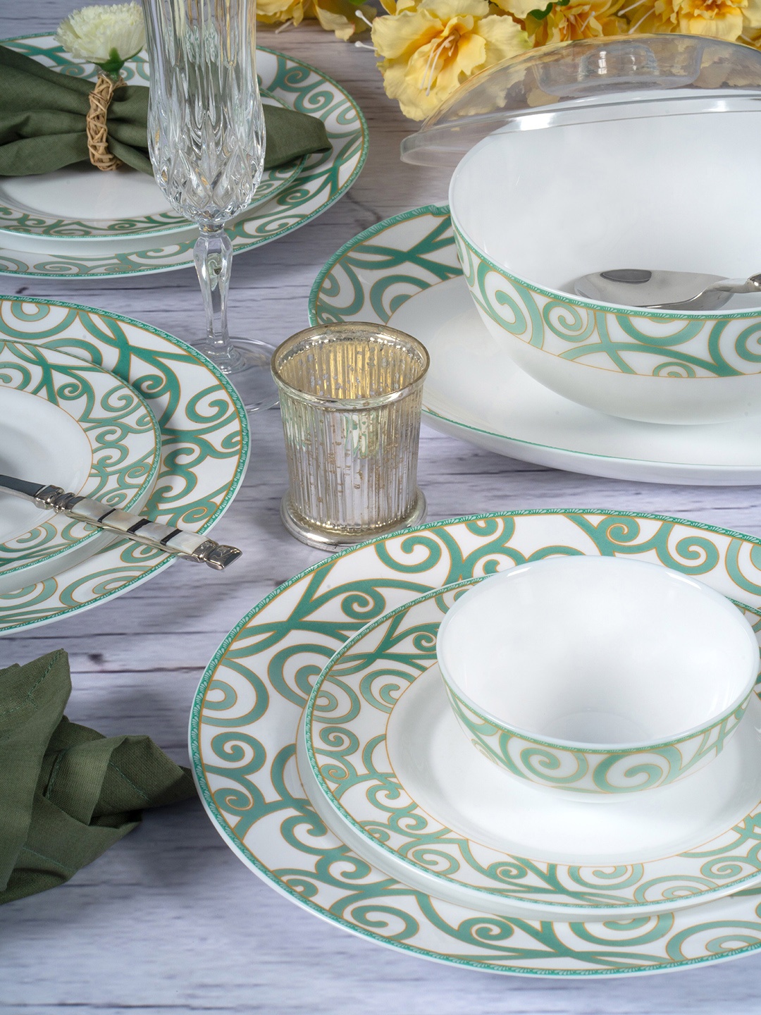 

Cello Set Of 27 White & Green Pieces Floral Printed Opalware Glossy Dinner Set