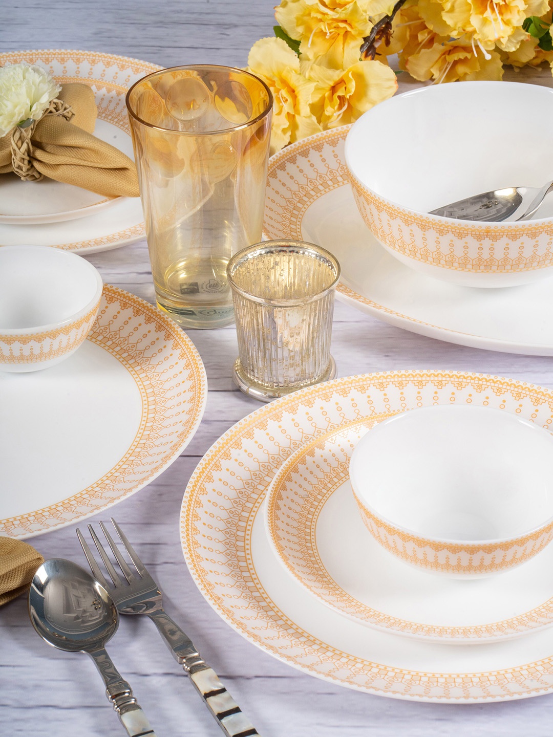 

Cello Set Of 27 White & Orange Floral Printed Opalware Glossy Dinner Set