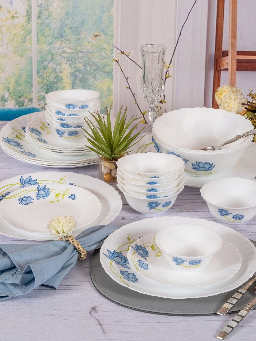 

Cello Set Of 33 White & Blue Pieces Floral Printed Opalware Glossy Dinner Set