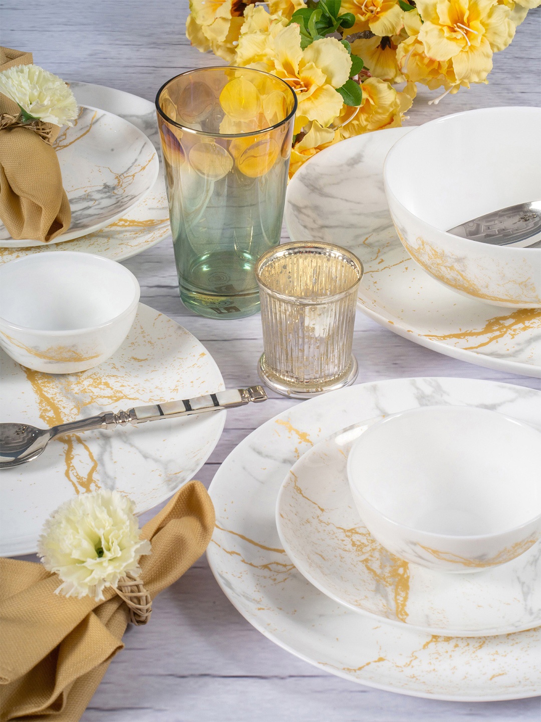 

Cello White & Yellow 27 Pieces Printed Opalware Glossy Dinner Set