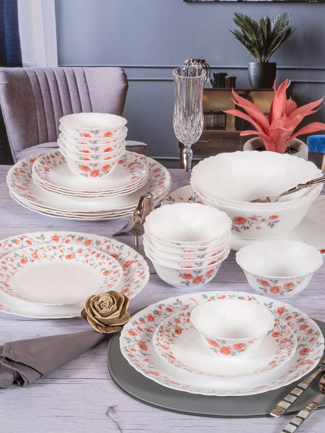 

Cello 33 Pieces White & Orange Pieces Floral Printed Opalware Glossy Dinner Set