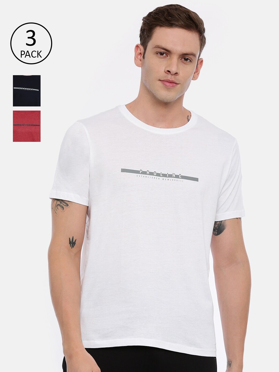 

Proline Active Men Pack of 3 Typography Printed Organic Cotton T-shirts, Navy blue