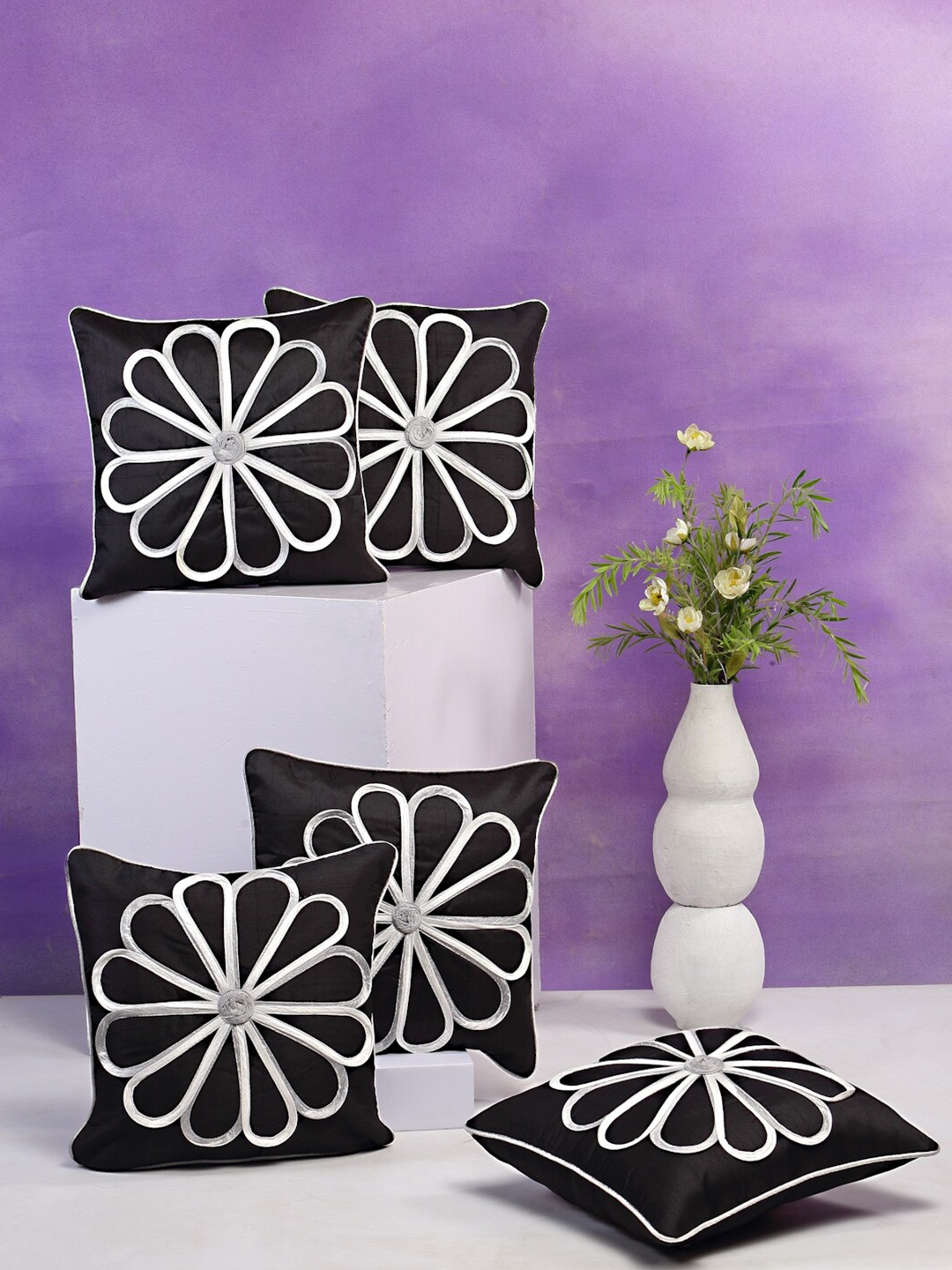 

DREAM WEAVERZ Black & White Set of 5 Embellished Square Cushion Covers