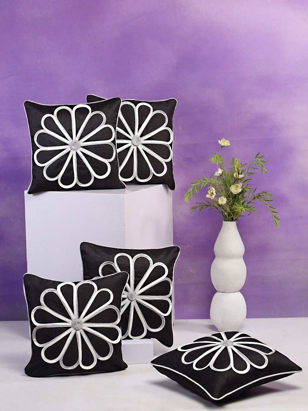 

DREAM WEAVERZ Set Of 5 Black & White Embellished Square Cushion Covers