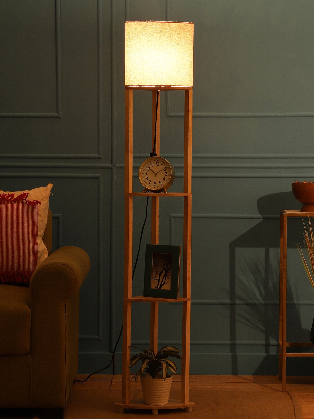 

SANDED EDGE Beige & Brown Double-Shelved Floor Lamp