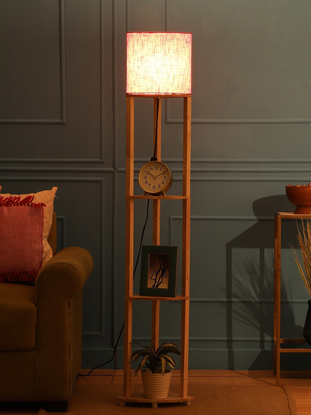 

SANDED EDGE Red MYLO 3 Tier Shelf Storage Solid Wood Floor Lamp