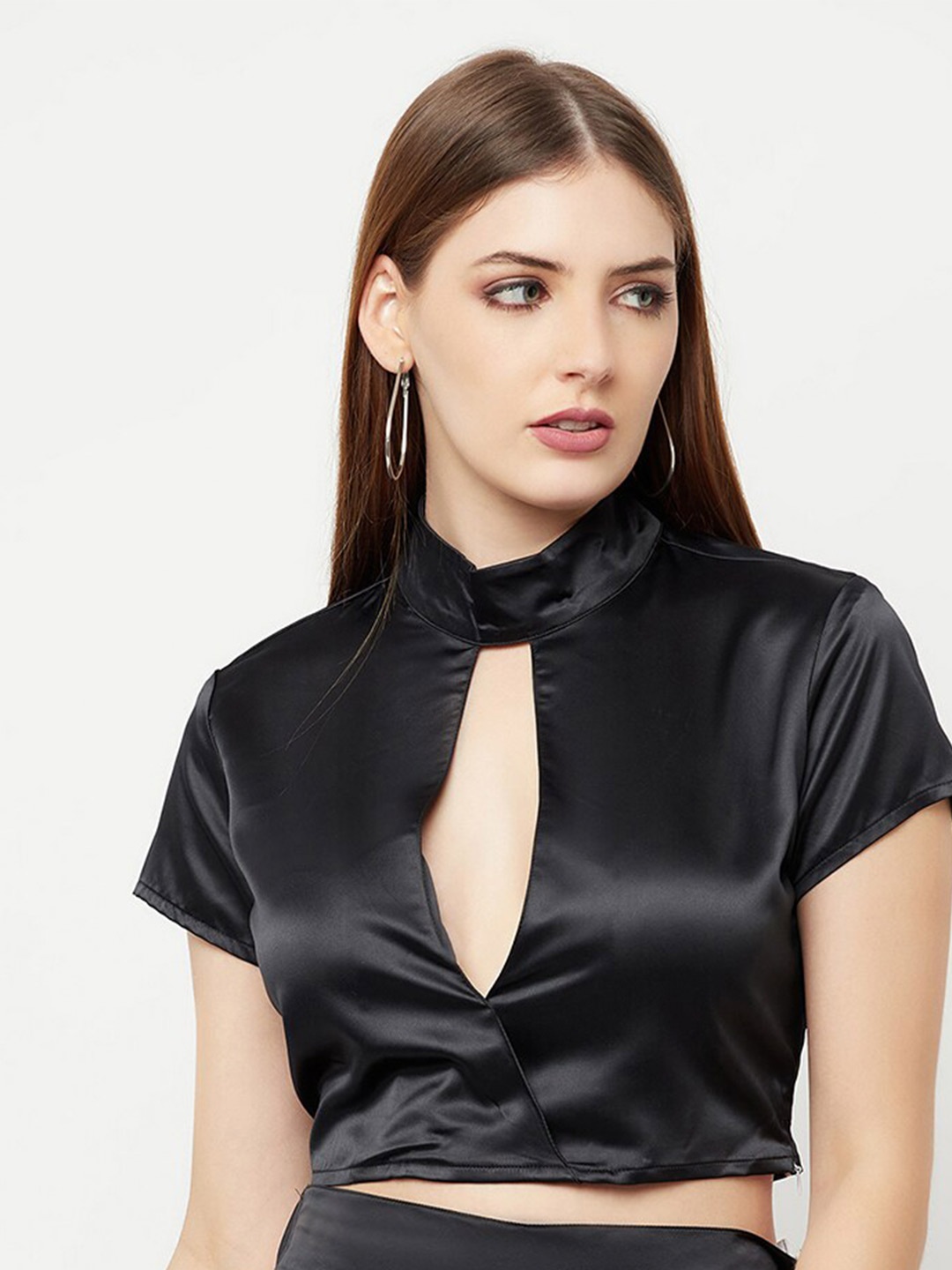 

THE SILHOUETTE STORE Women Black Satin High Neck Crop Top