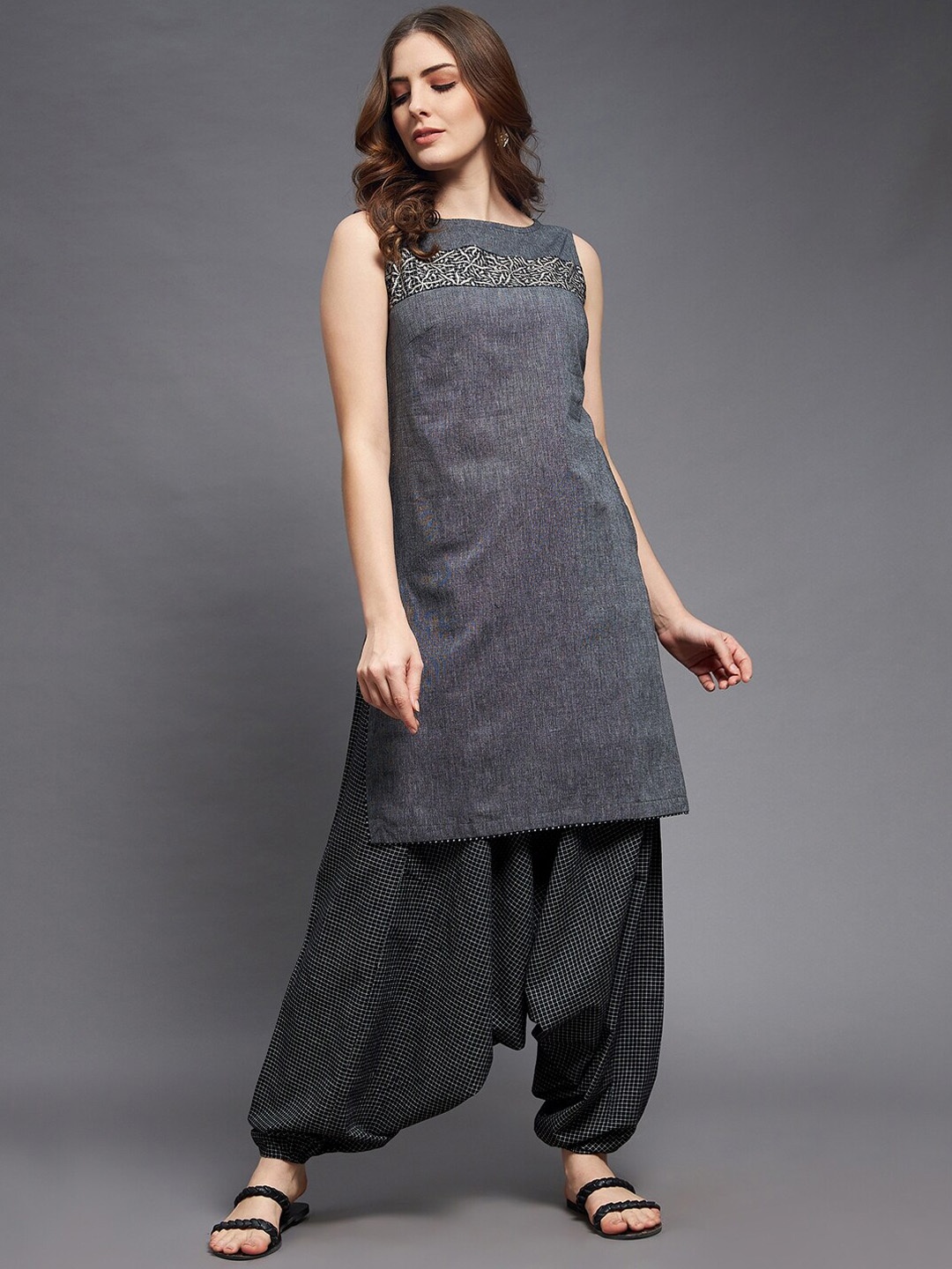 

Indian Dobby Women Black & Grey Indie Prints Pure Cotton Kurta