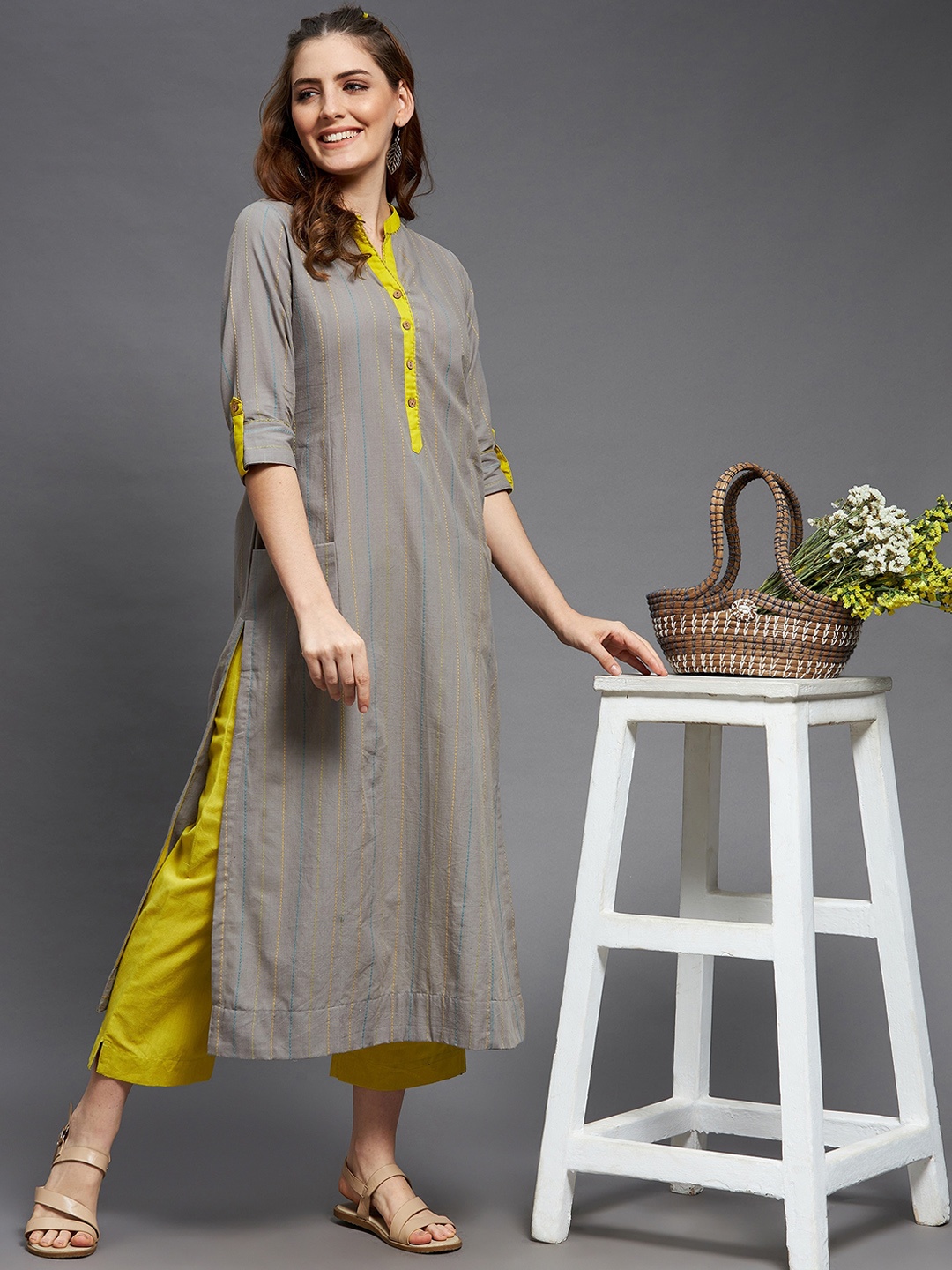 

Indian Dobby Grey Striped Kantha Work Pure Cotton Kurta with Trousers