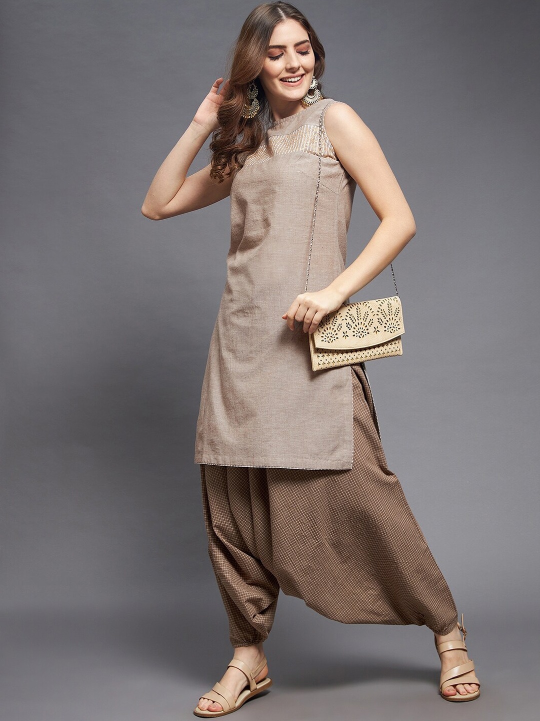 

Indian Dobby Women Beige Pure Cotton Kurta with Harem Pants