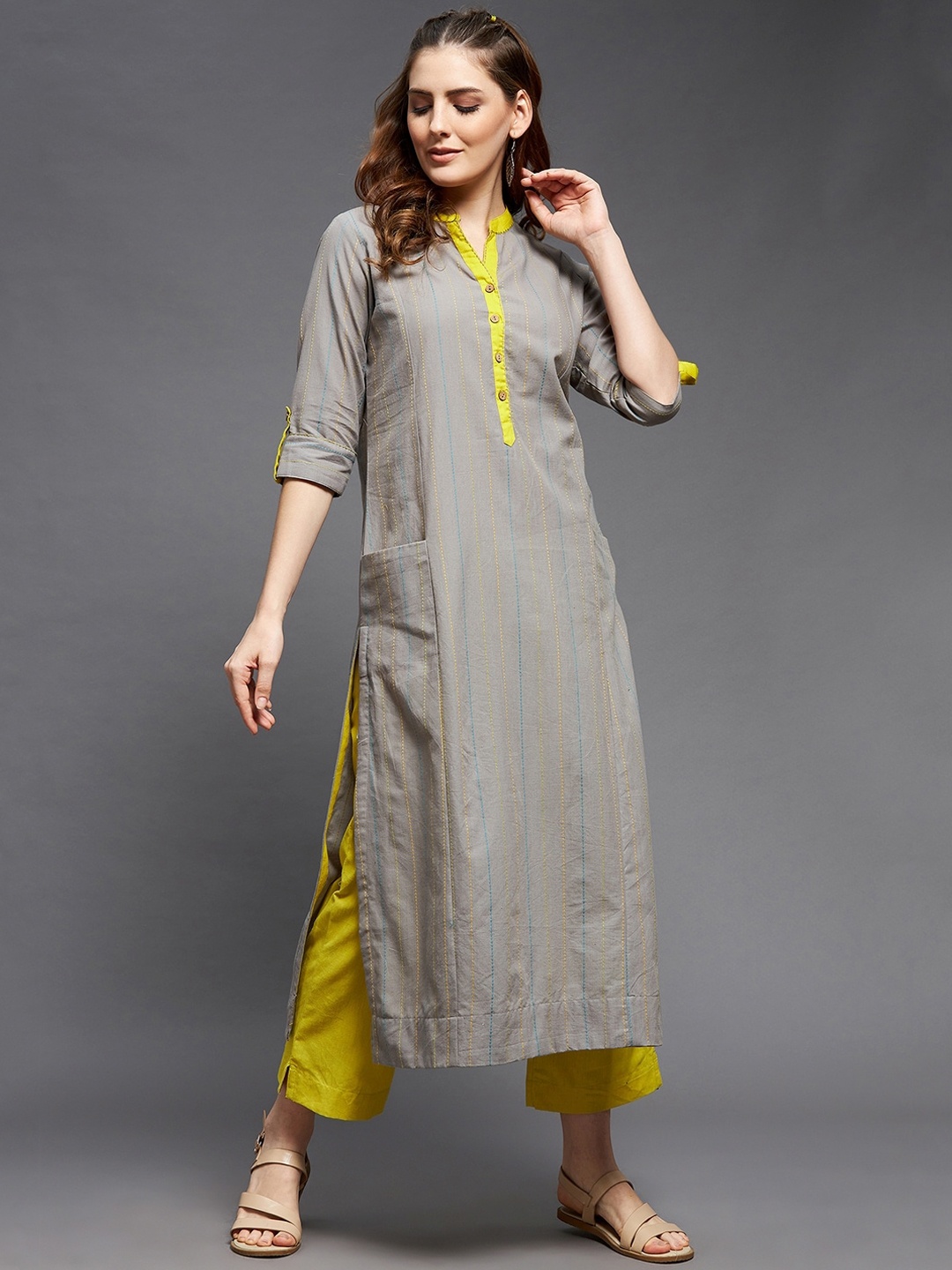 

Indian Dobby Women Grey & Yellow Striped Kantha Work Indie Prints Dobby Pure Cotton Kurta