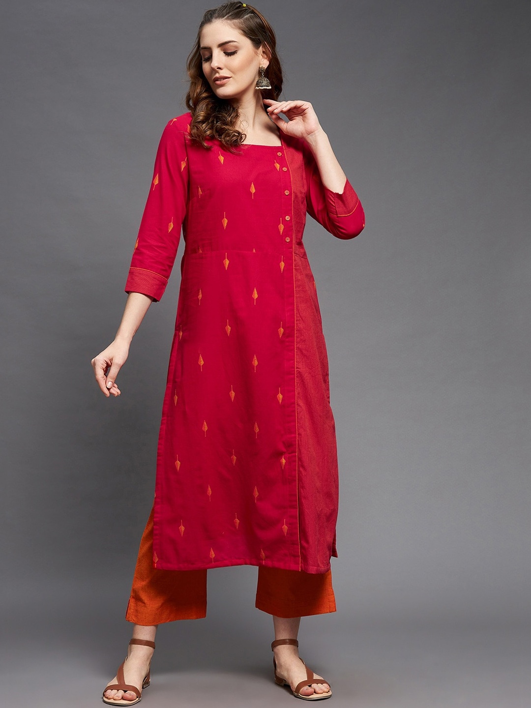 

Indian Dobby Women Red Floral Thread Work Indie Prints Dobby Pure Cotton Kurta