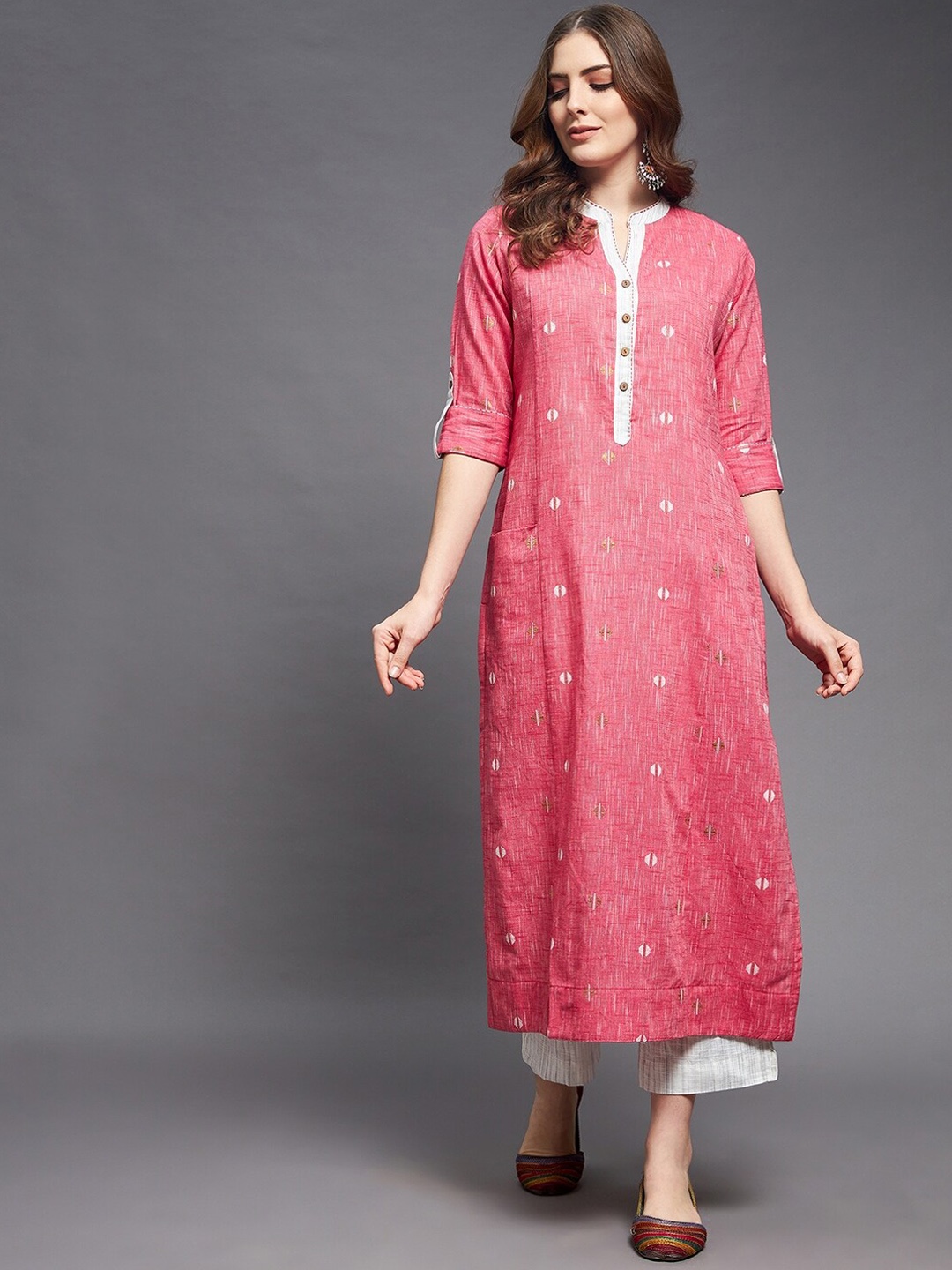 

Indian Dobby Women Pink Dobby Cotton Straight Kurta