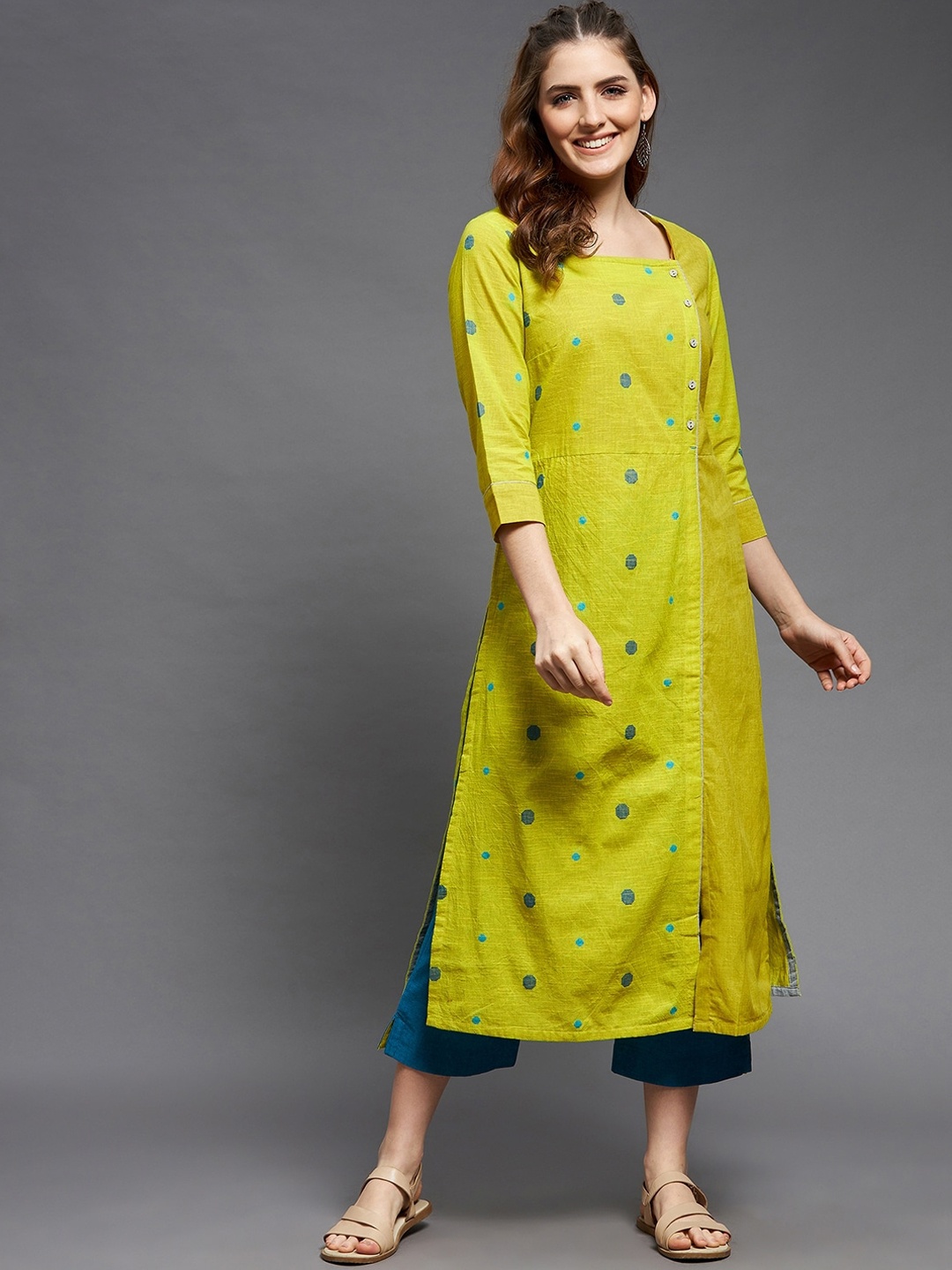 

Indian Dobby Lime Green Embroidered Pure Cotton Kurta with Trousers