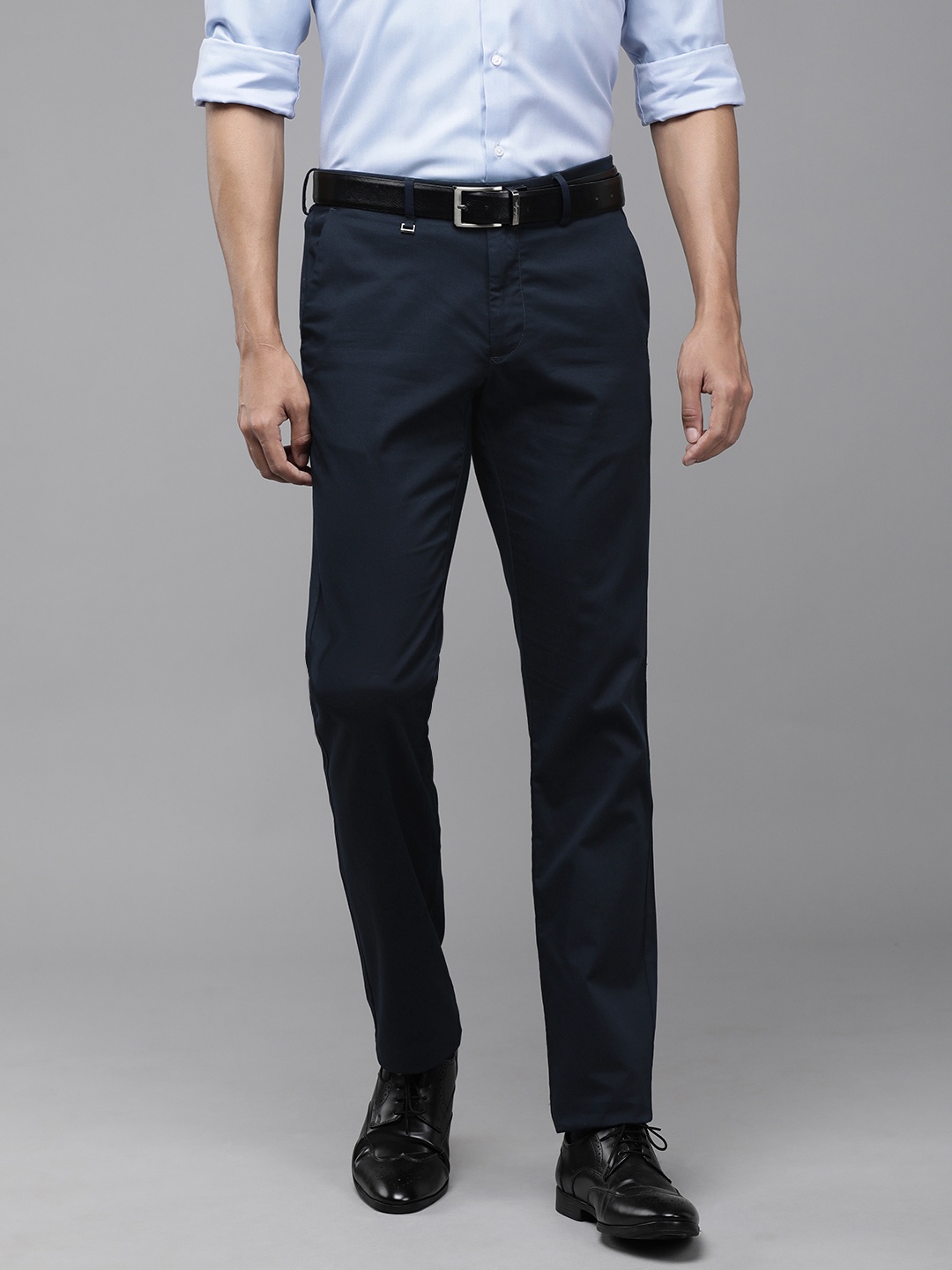 

Van Heusen Men Navy Blue Solid Slim Fit Trousers