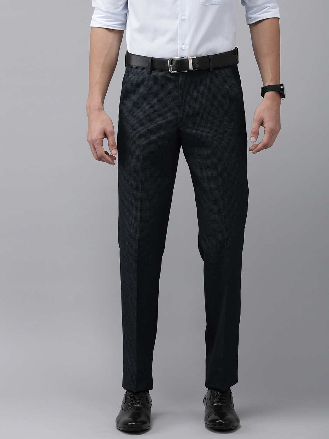 

Van Heusen Men Navy Blue Checked Slim Fit Trousers