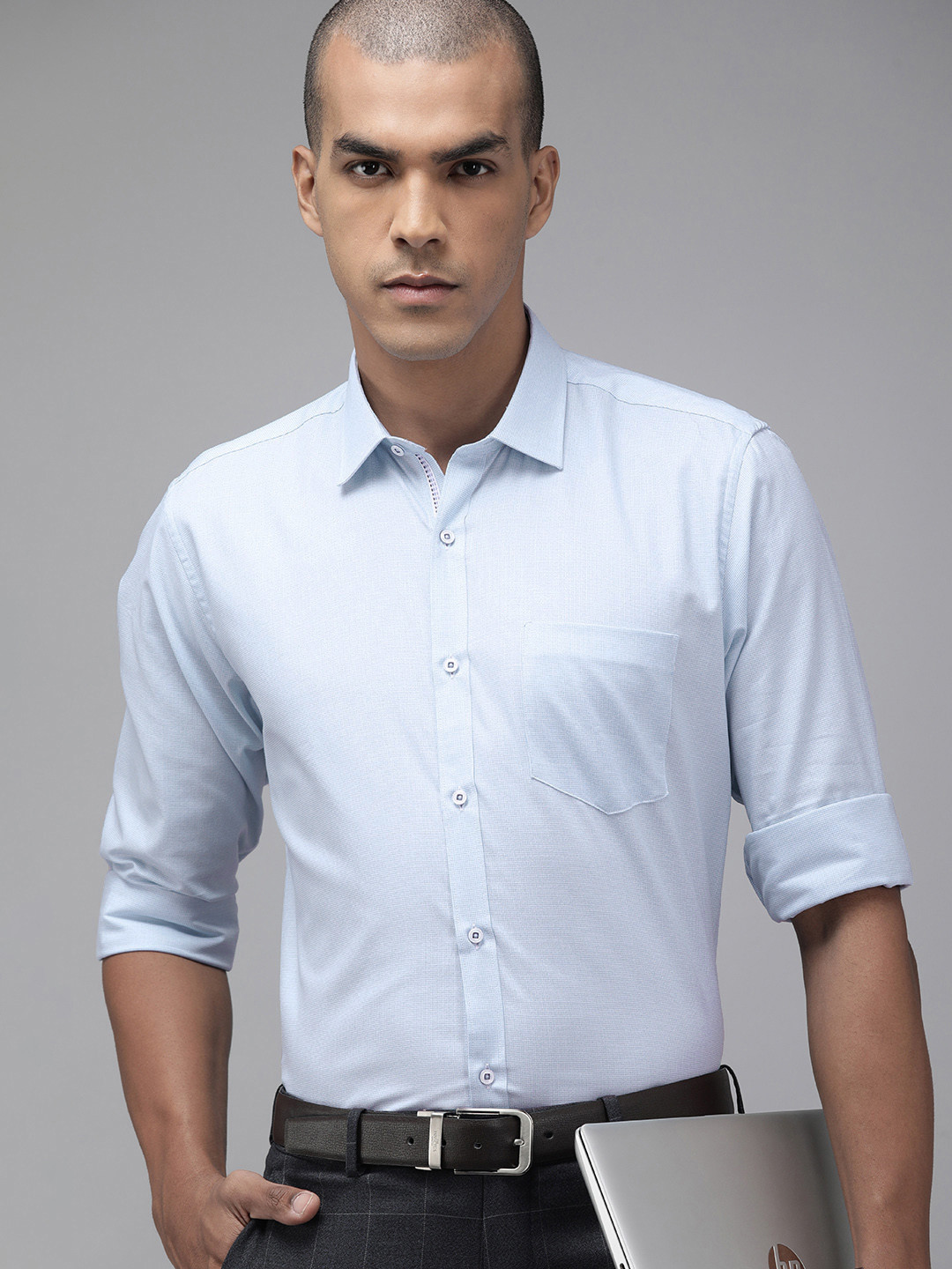 

Van Heusen Men Blue Custom Micro Checks Opaque Pure Cotton Formal Shirt with Chest Pocket