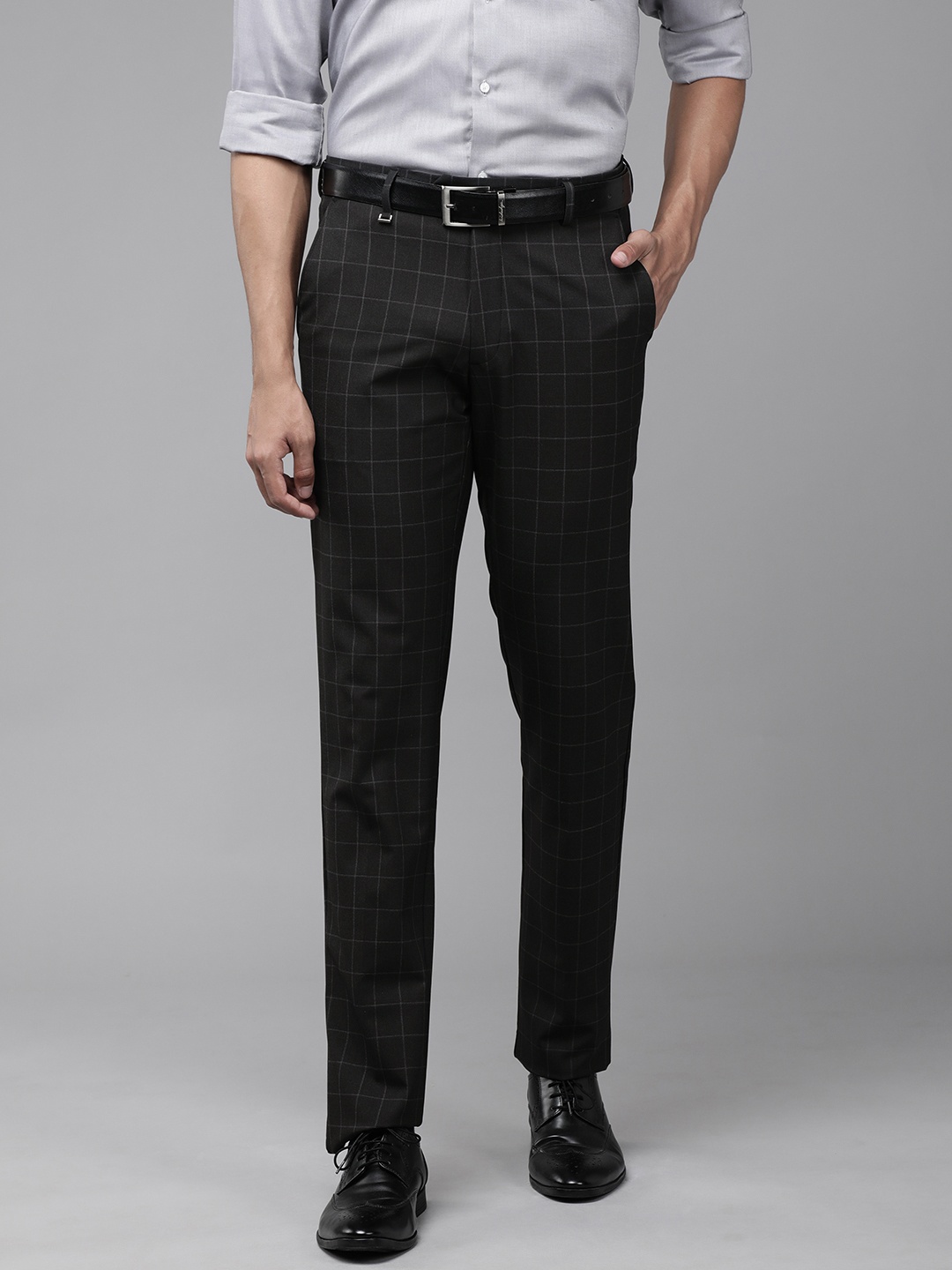 

Van Heusen Men Black & Grey Checked Slim Fit Trousers