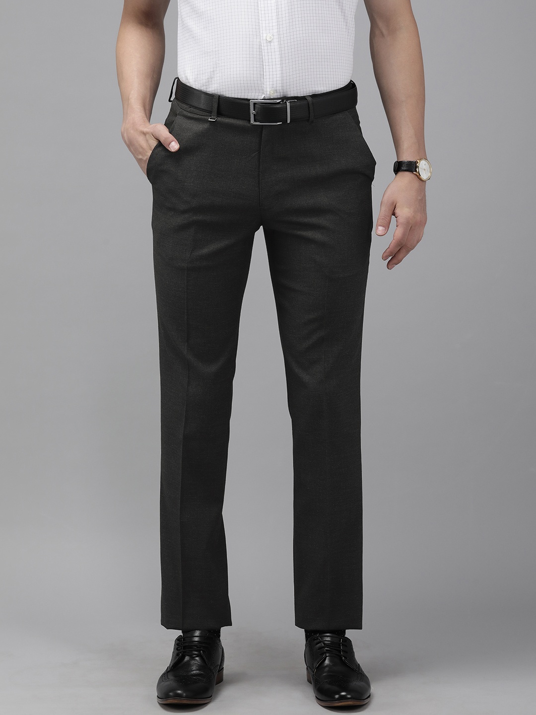 

Van Heusen Men Charcoal Black Textured Slim Fit Flat-Front Auto Flex Formal Trousers