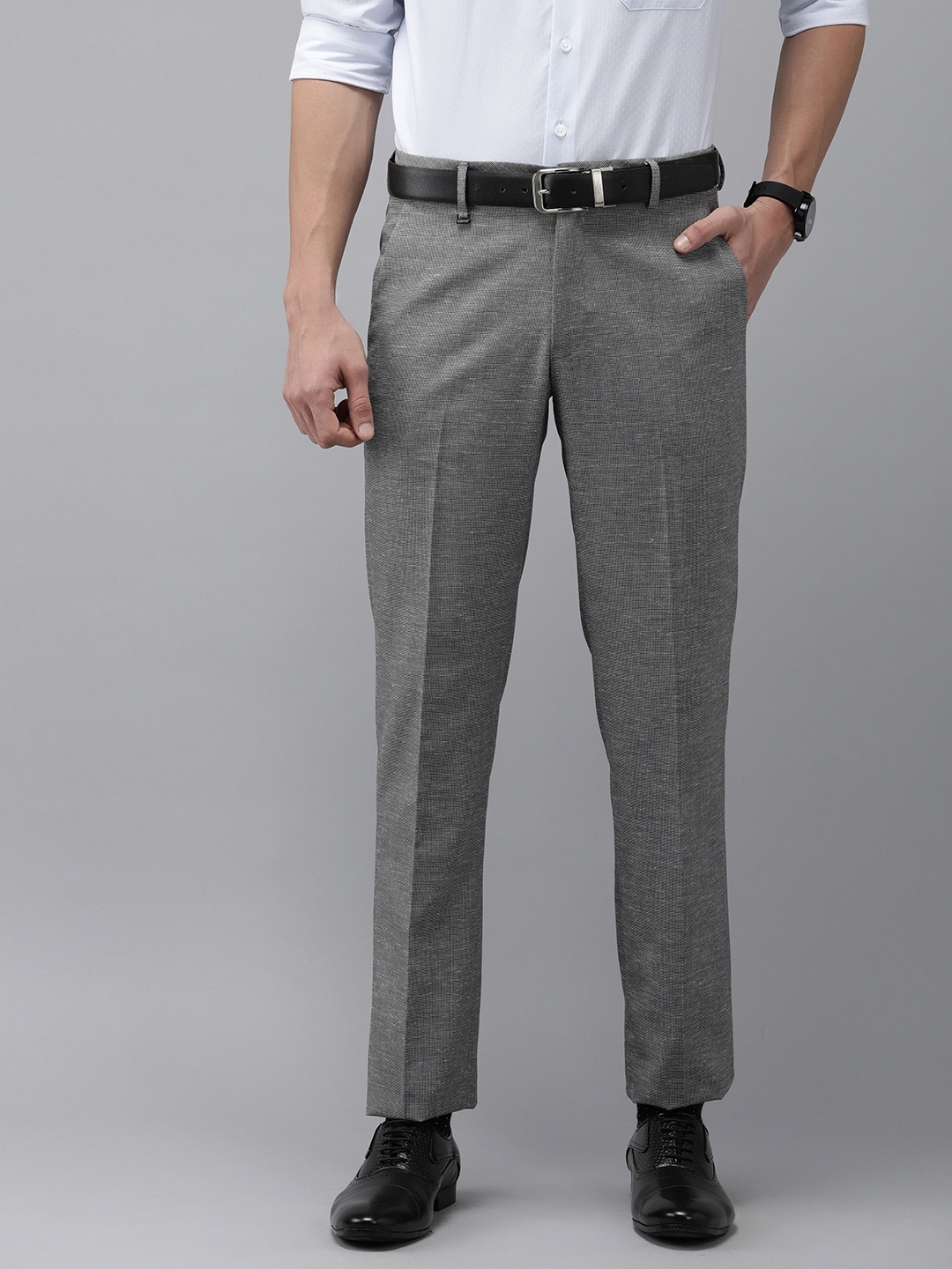 

Van Heusen Men Grey Textured Slim Fit Trousers