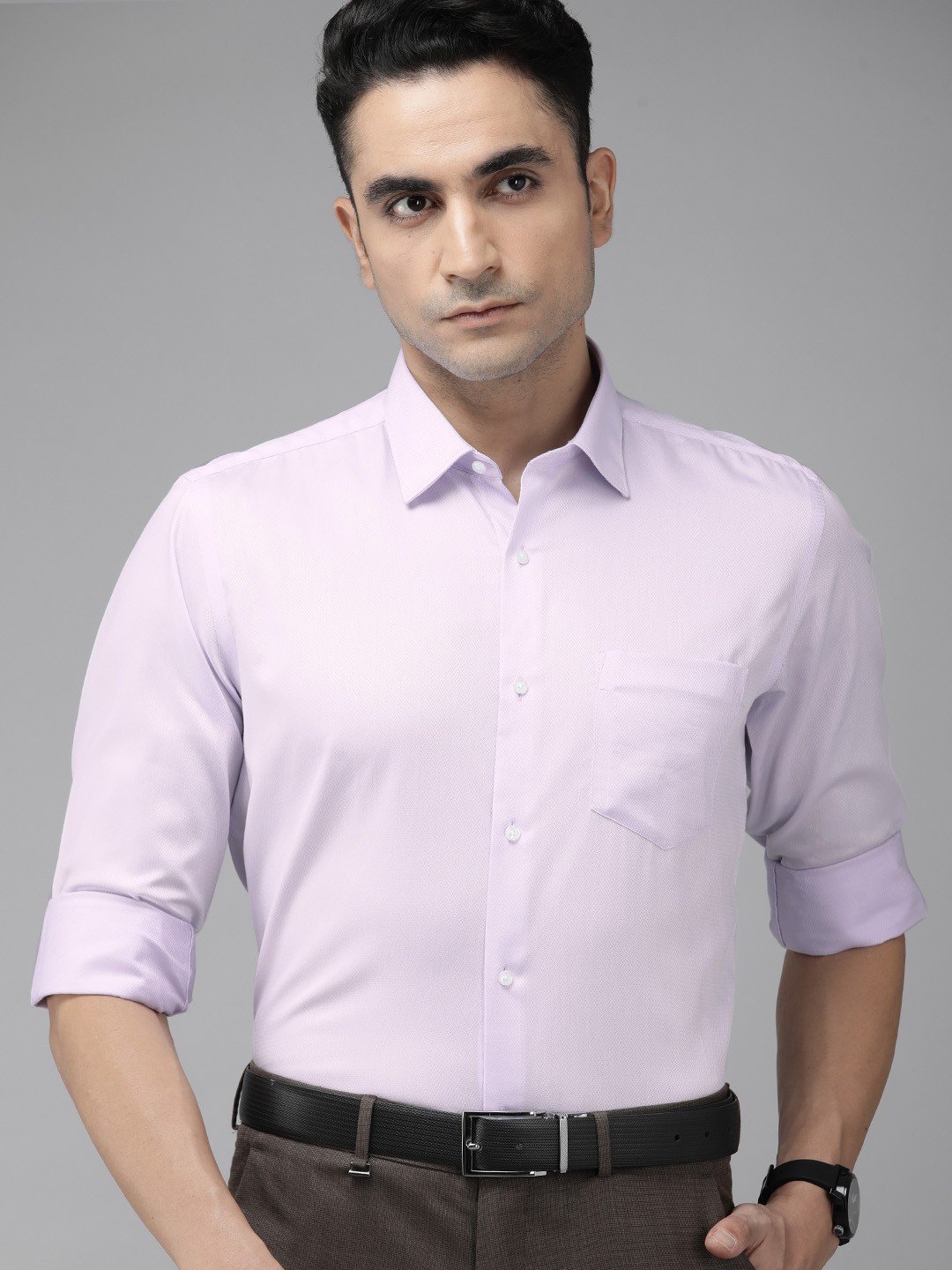 

Van Heusen Men Lavender Self-Design Custom Fit Pure Cotton Formal Shirt