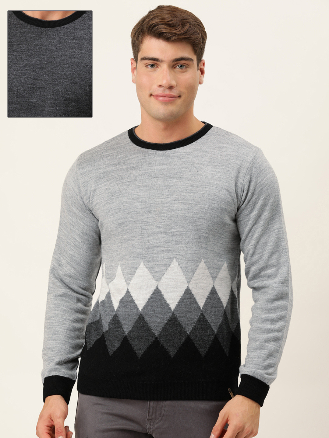 

Peter England Men Grey Melange Argyle Reversible Pullover