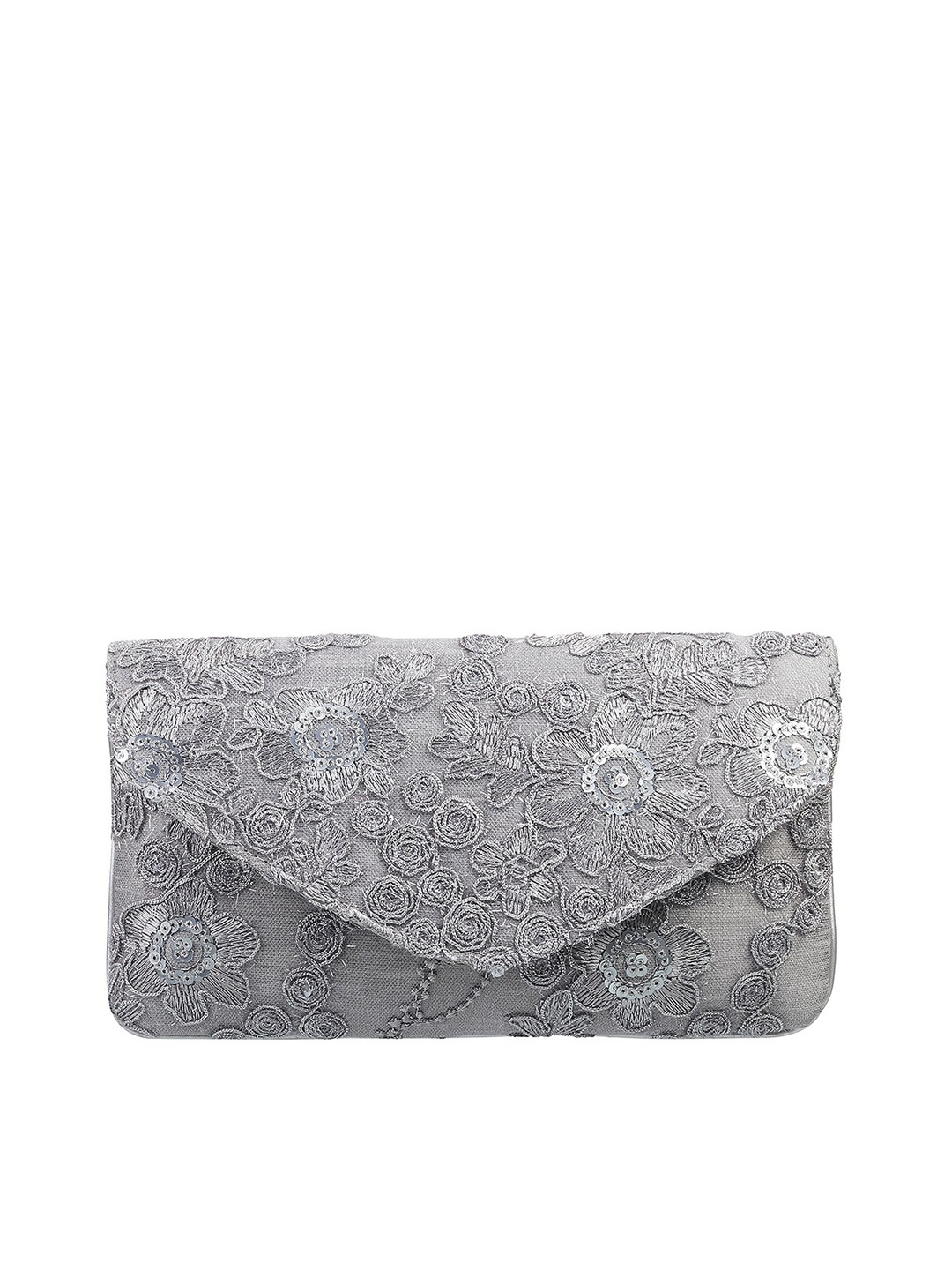 

Mochi Grey Embroidered Envelope Clutch