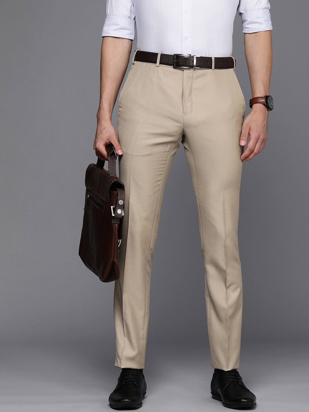 

Raymond Men Khaki Self Design Textured Slim Fit Mid-Rise Formal Trousers