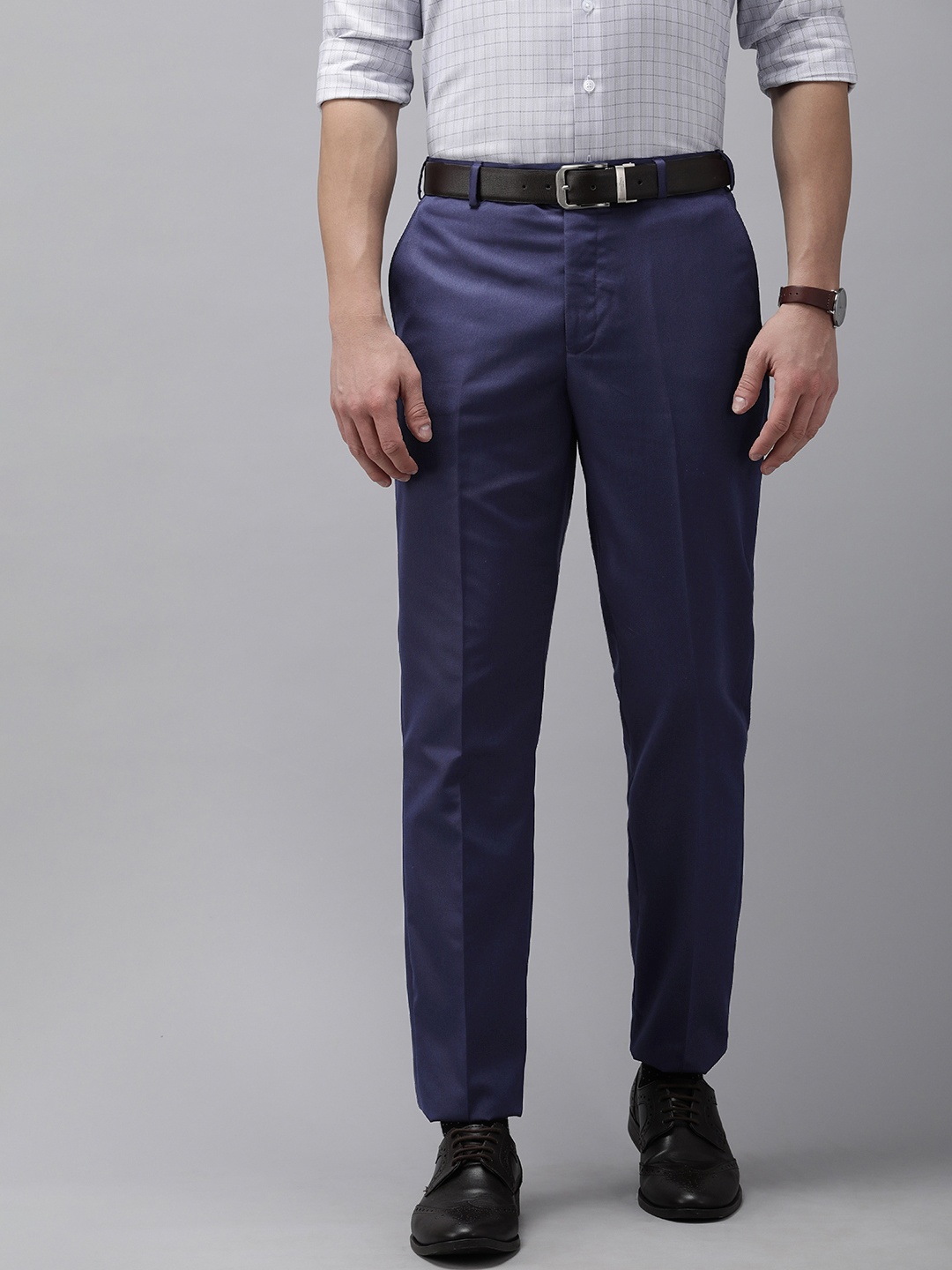 

Park Avenue Men Blue Smart Fit Low-Rise Plain Woven Flat-Front Formal Trousers