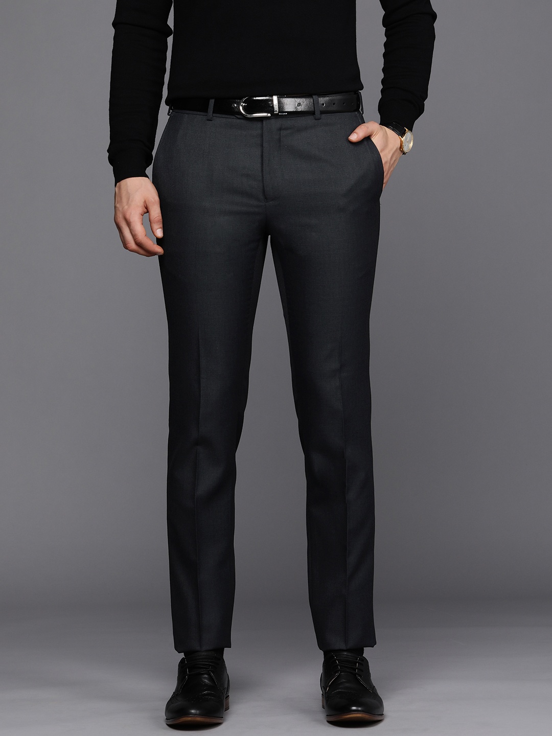 

Raymond Men Navy Blue Textured Slim Fit Mid-Rise Formal Trousers