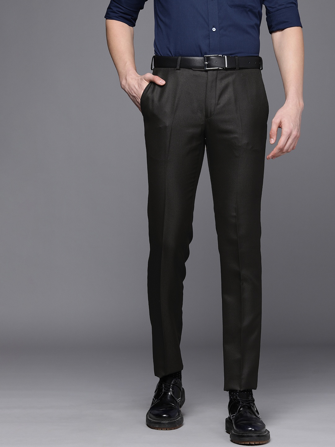 

Raymond Men Black Self Designed Slim Fit Formal Trousers