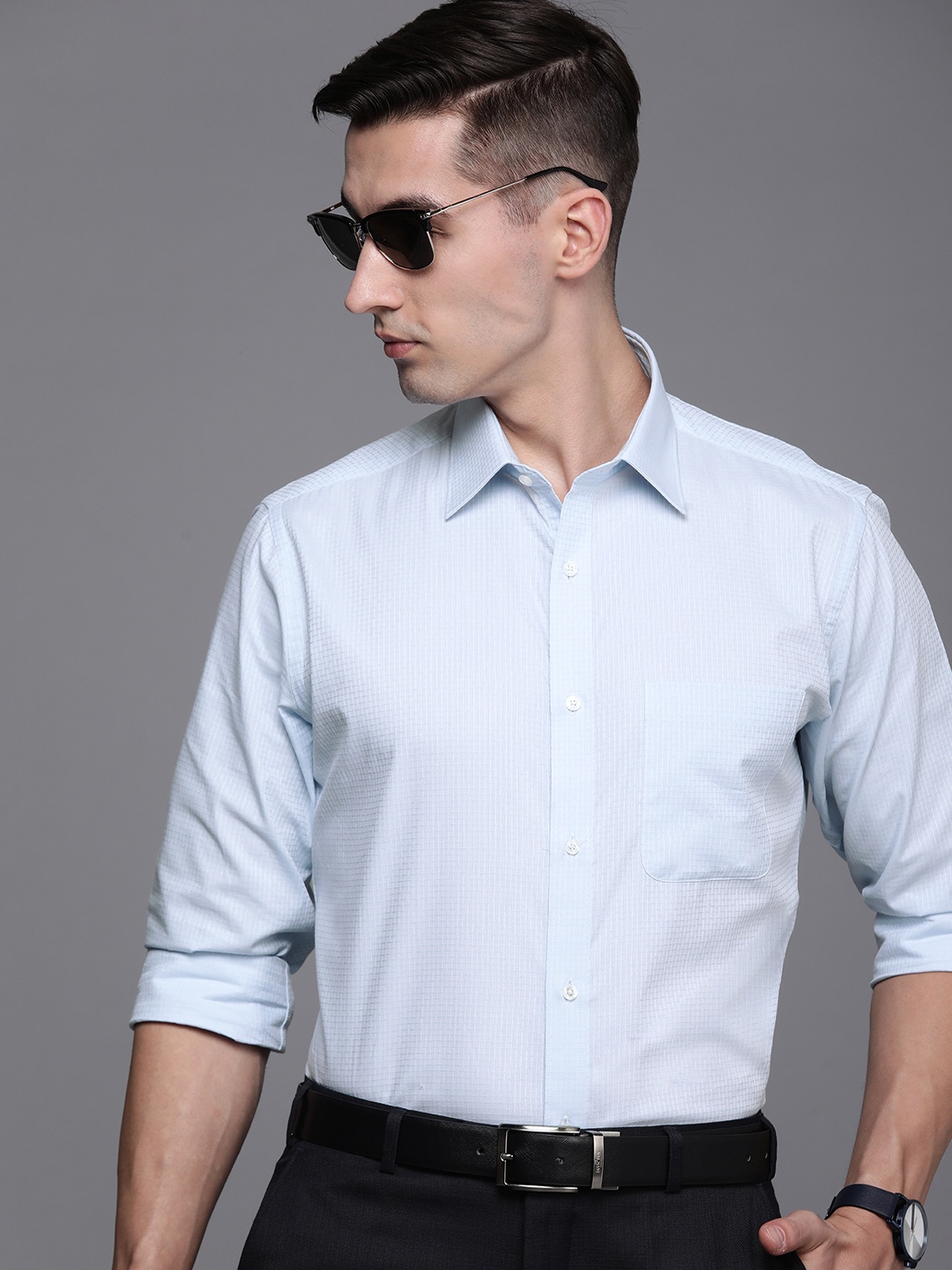 

Raymond Men Blue Slim Fit Checked Pure Cotton Formal Shirt