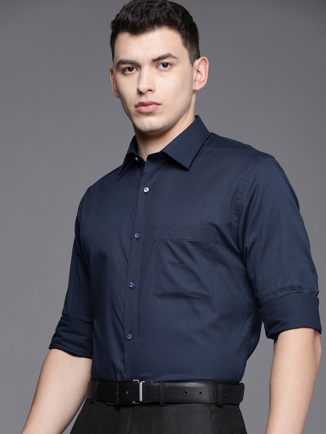 

Raymond Men Navy Blue Solid Slim Fit Pure Cotton Formal Shirt
