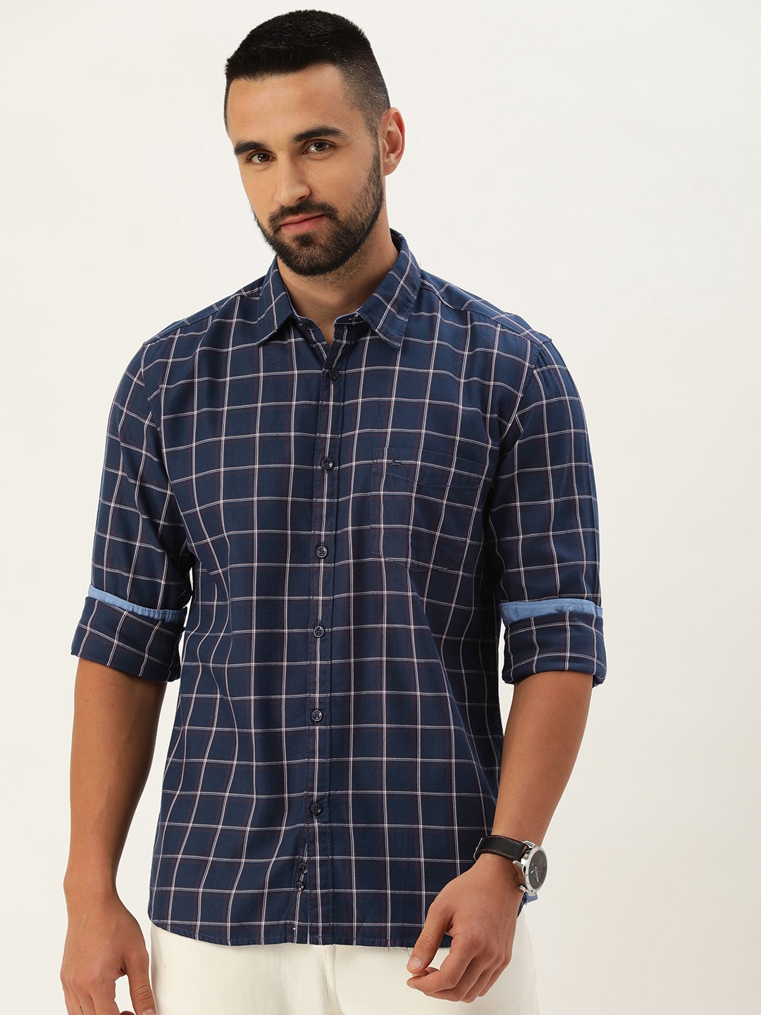 

Parx Slim Fit Tartan Checks Opaque Pure Cotton Casual Shirt, Navy blue