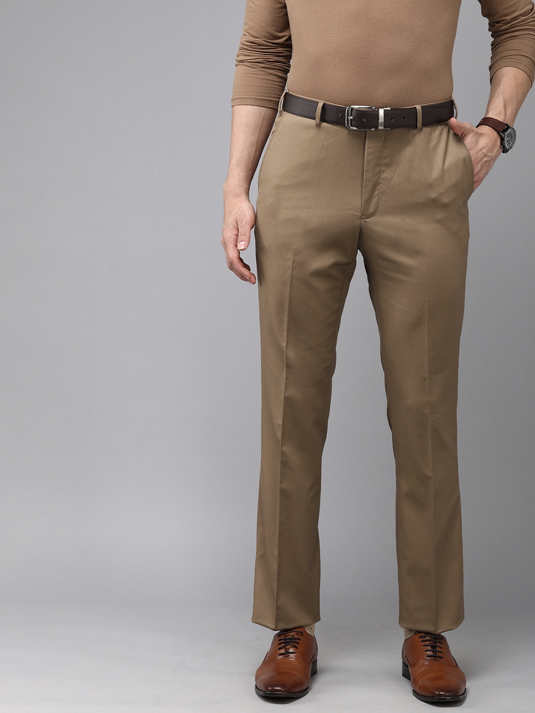 

Park Avenue Men Beige Solid Mid Rise Formal Trousers