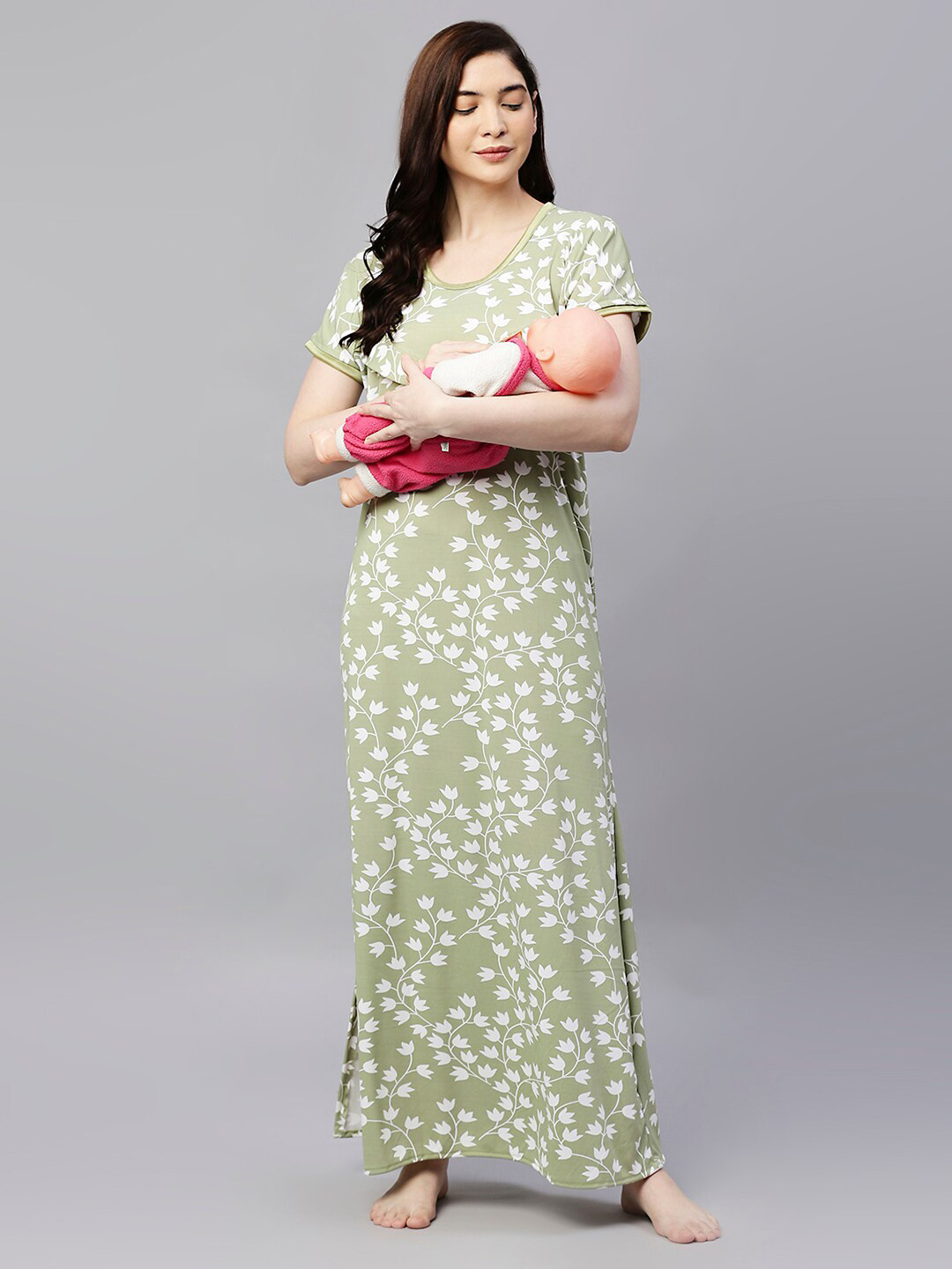 

Pretty Awesome Olive Green Printed Maternity Feeding Maxi Nightdress
