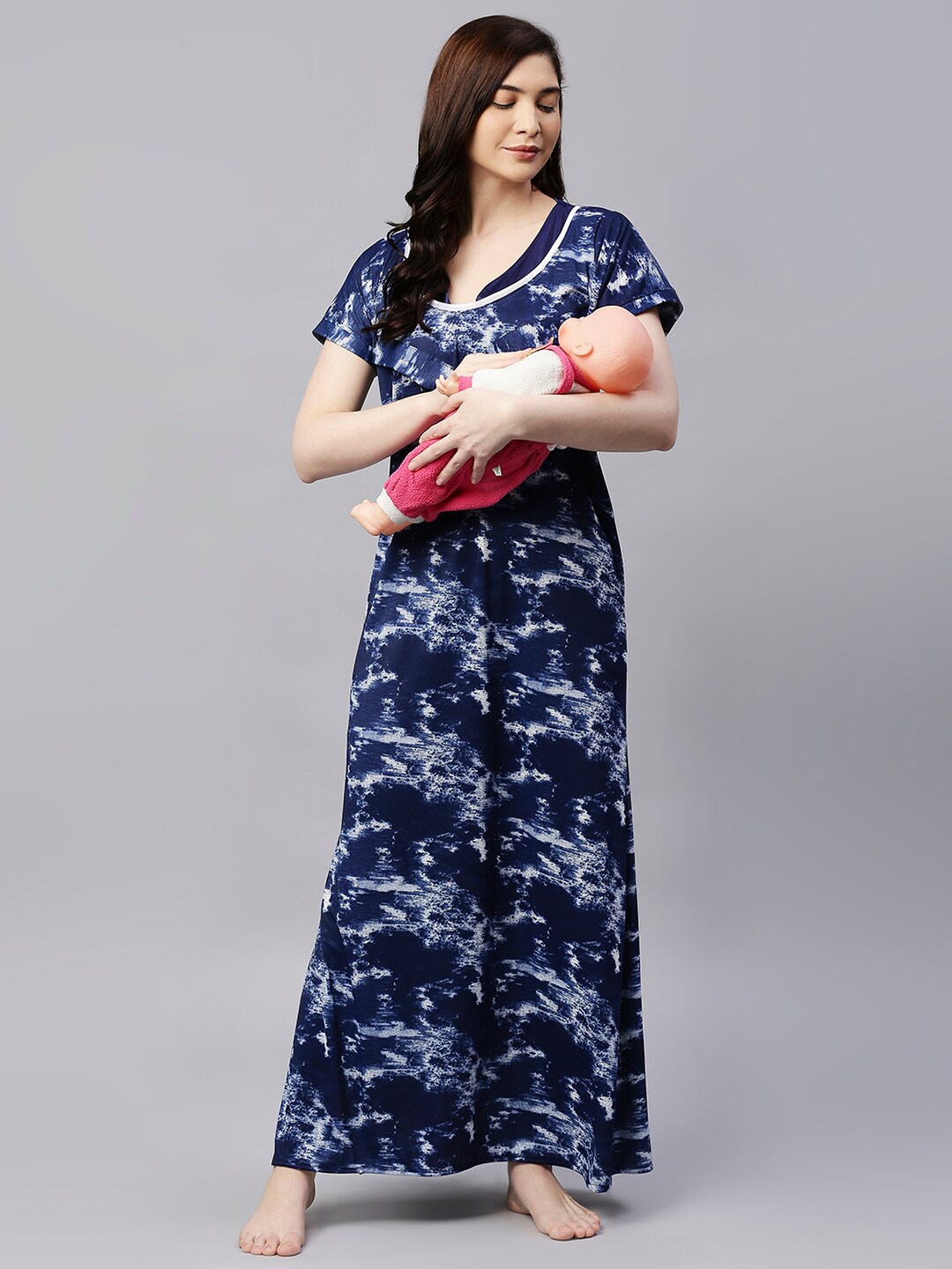 

Pretty Awesome Navy Blue Printed Maternity Feeding Maxi Nightdress