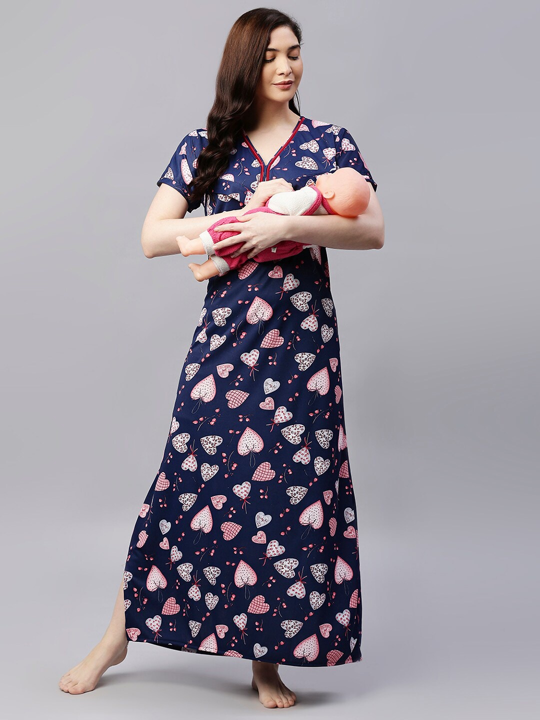 

Pretty Awesome Navy Blue Printed Feeding Maternity Feeding Maxi Nightdress