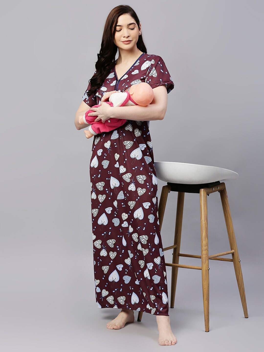 

Pretty Awesome Maroon Printed Maternity Feeding Maxi Nightdress
